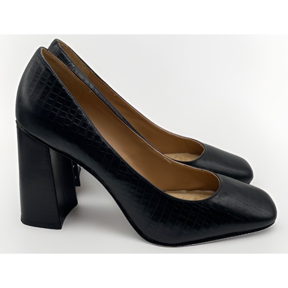 Nine West Block Heel Croc Embossed Black Leather Pumps Women's Size 9.5 M
